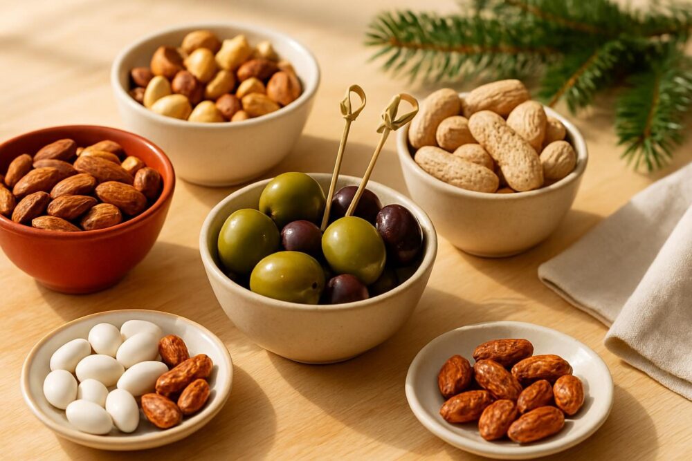 Cuencos con frutos secos tostados, aceitunas gordales y negras, banderillas, peladillas blancas y almendras garrapiñadas sobre una mesa de madera clara con detalles navideños
