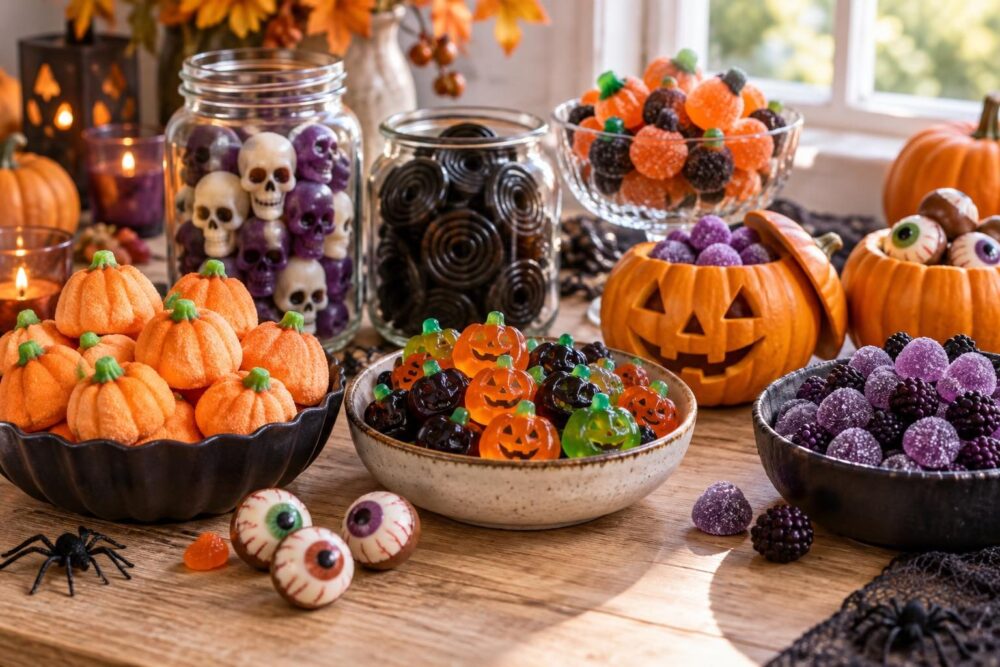 Ideas de chuches para Halloween: bolsitas de truco o trato, fiesta infantil y mesa dulce en naranja, morado y negro Mesa dulce de Halloween con tarros de calabazas de nube, calaveras de gominola, regaliz negro y gominolas moradas sobre una mesa de madera clara