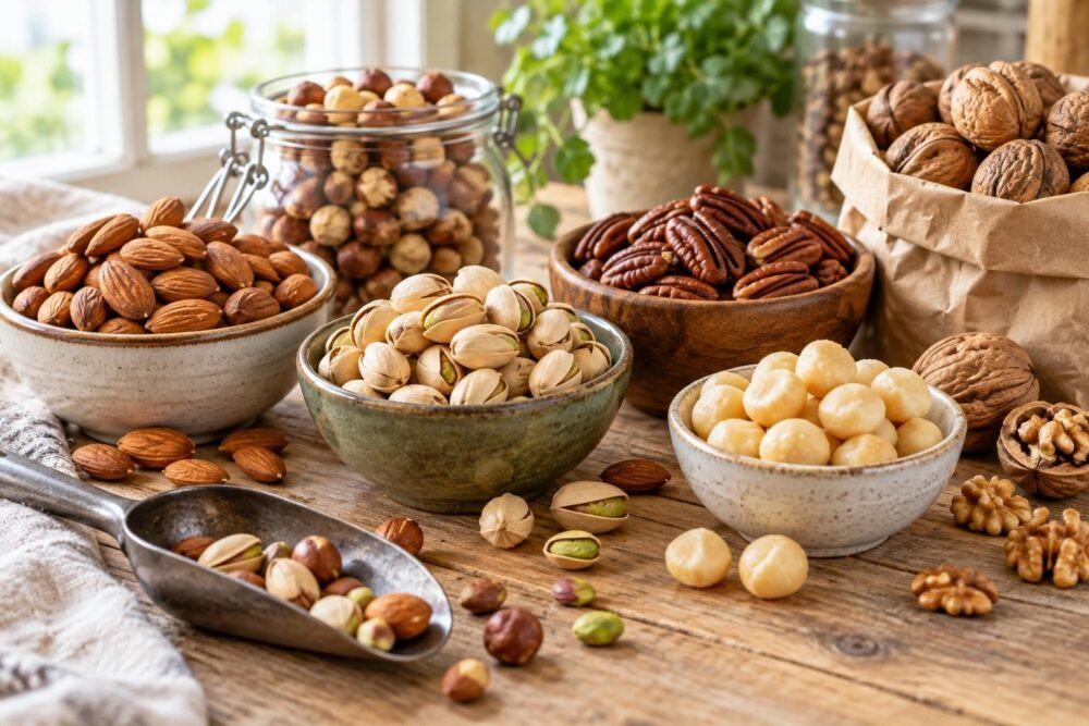 Cuencos y botes con almendras crudas, avellanas tostadas, pistachos con cáscara, nueces pecanas, macadamias y nueces sobre una mesa de madera clara